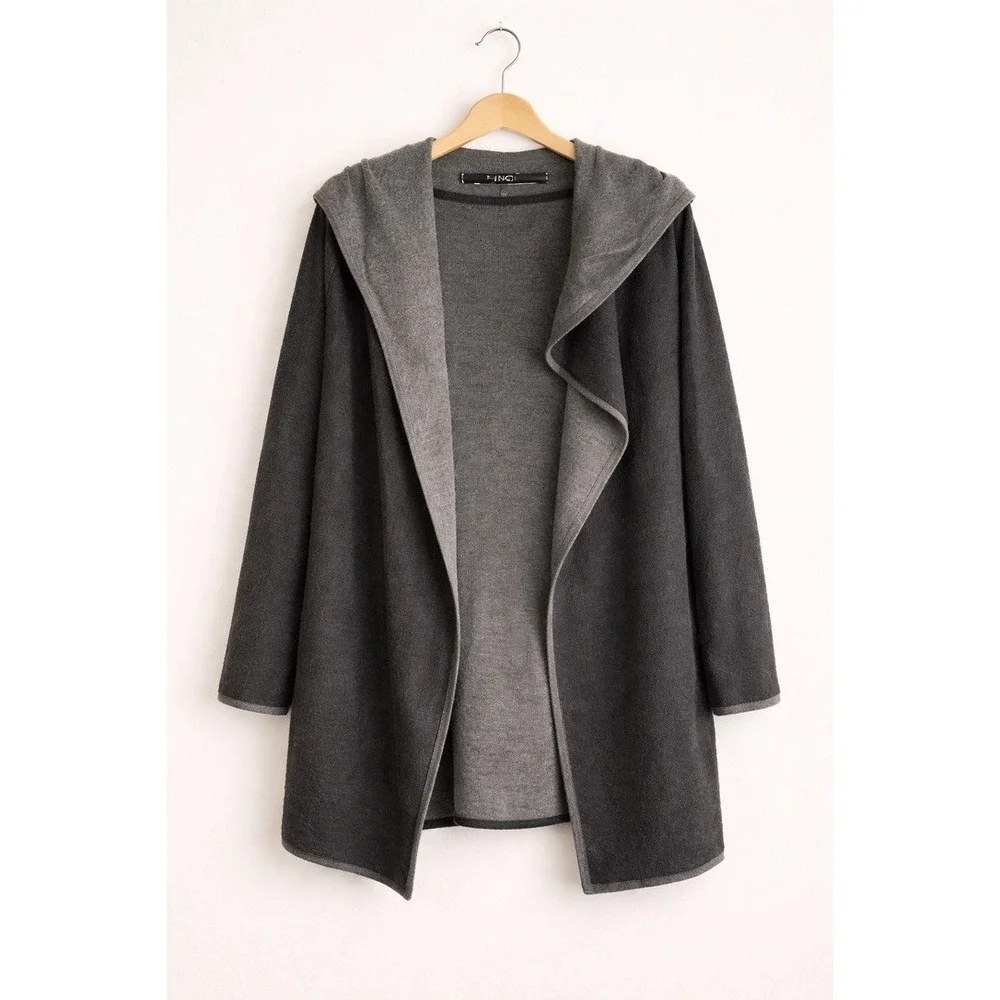 BNCI Blanc Noir Womens XL Gray Wool Blend Hooded Open Front Cardigan Coat Jacket